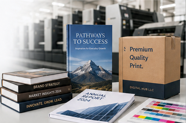 Printed books, an annual report and a Digital Hub LLC shipping box in a commercial print facility