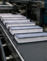 Printed booklets moving along a bindery conveyor