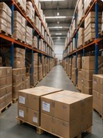 Palletised cartons in a fulfillment warehouse aisle